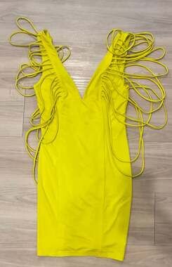 Fashion‎ Nova Neon Yellow Fringe Trim V-Neck Bodycon Mini Dress XS